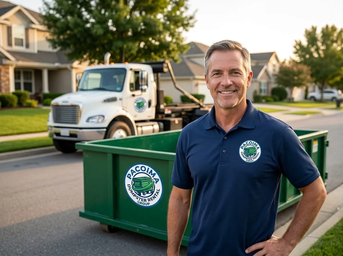 The Pacoima Dumpster Rental Group team beside a branded roll-off truck