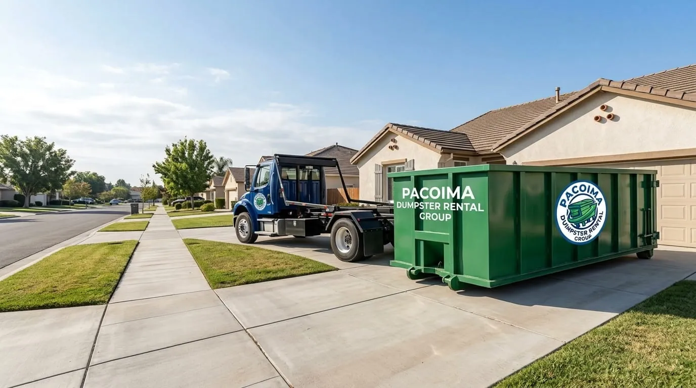 Dumpster placed on a street with permit paperwork in Pacoima, CA
