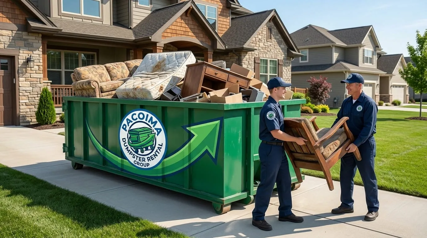 Estate cleanout in progress with a dumpster at a Pacoima, CA home