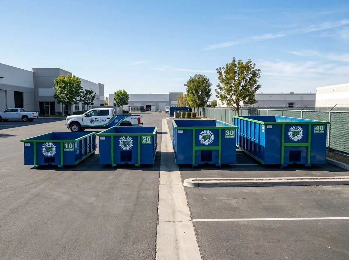 Roll-off dumpsters lined up at the Pacoima Dumpster Rental Group yard